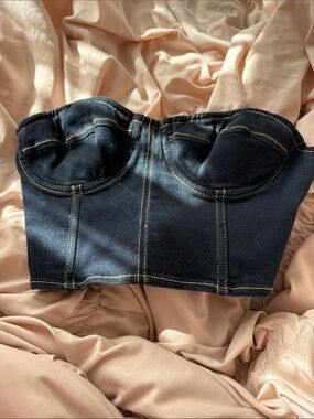 LPA Blue Denim Bustier Crop Top with Contrast Stitching
